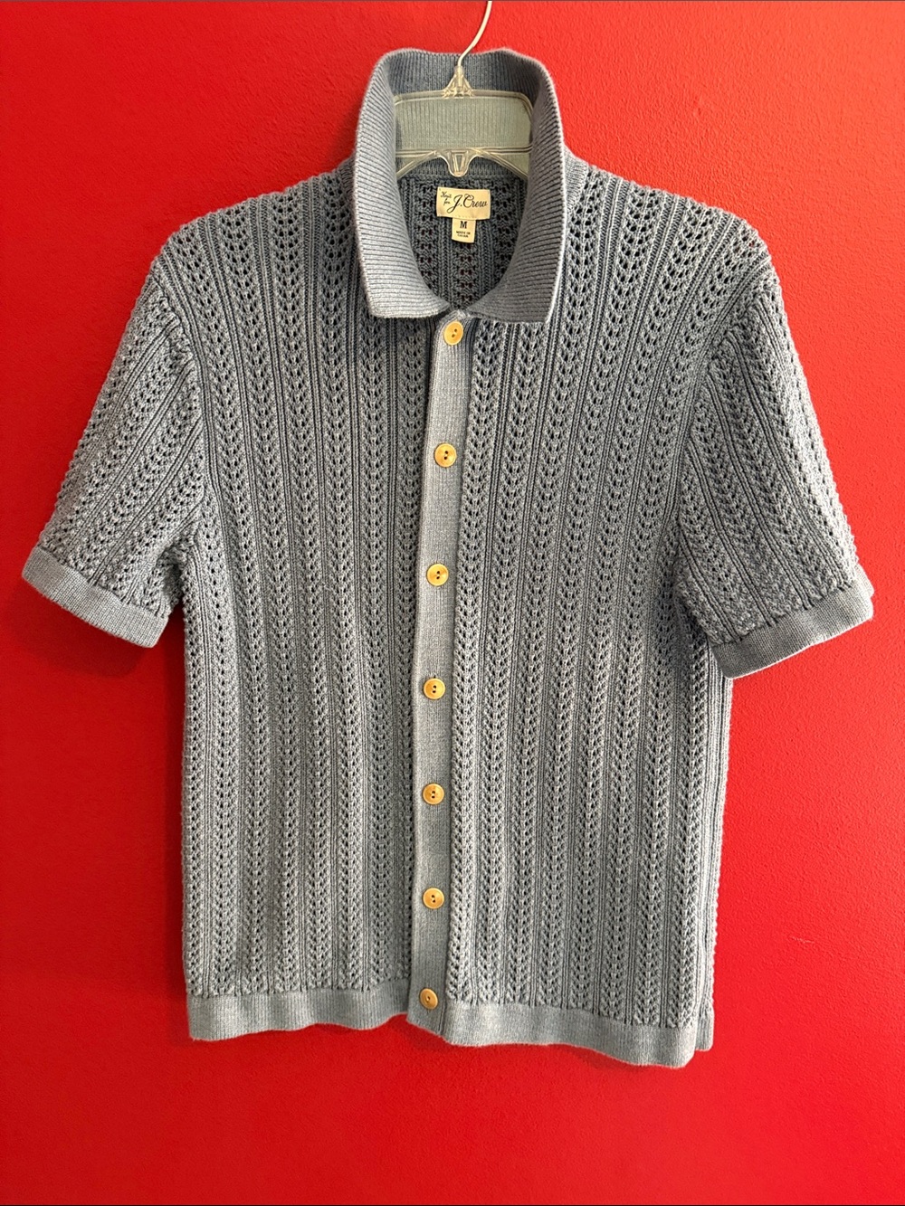 J. Crew Men’s Short Sleeve Cotton Pointelle Stitch Polo Cardigan light Blue